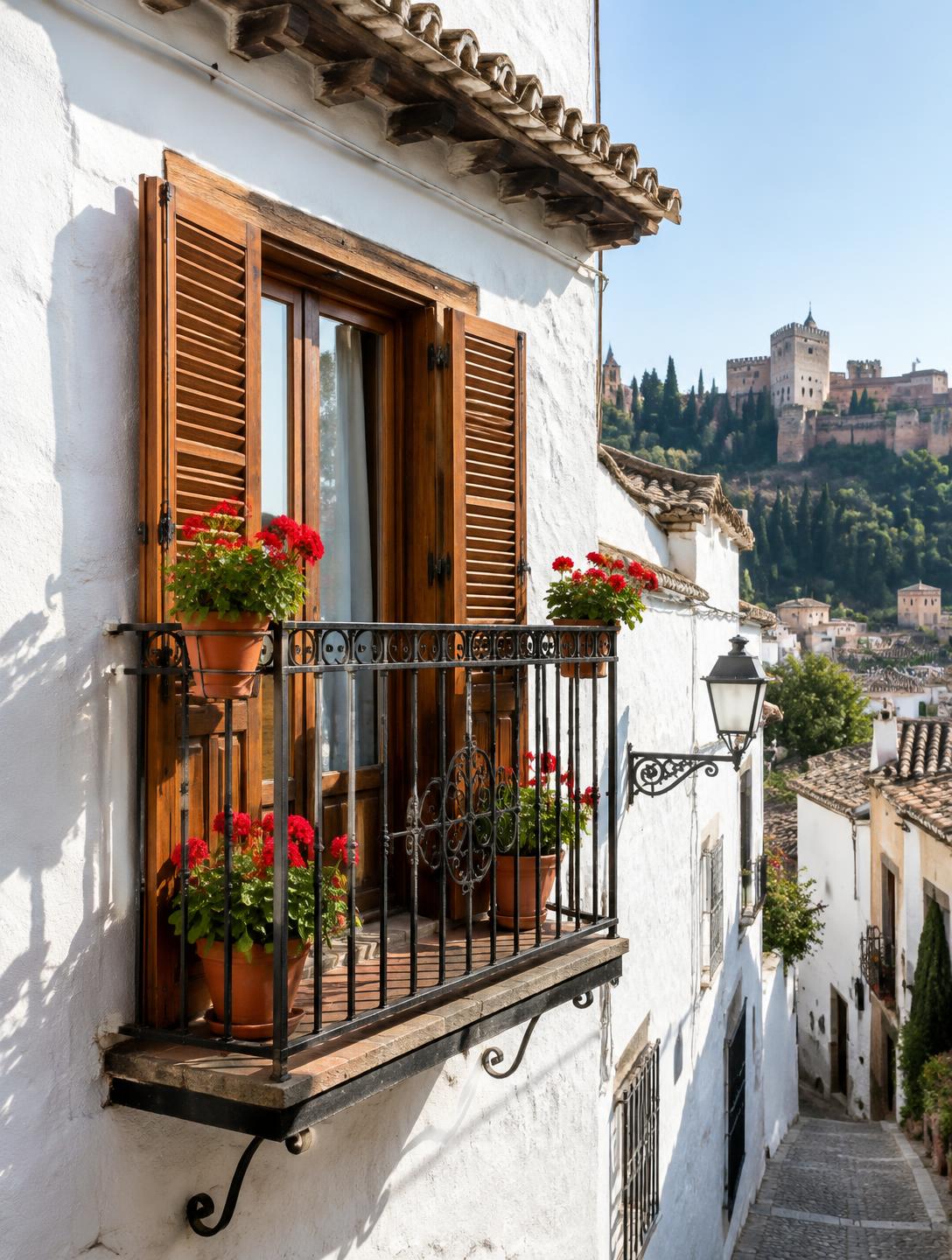 Balcón de forja y contraventanas de madera en el Albaicín