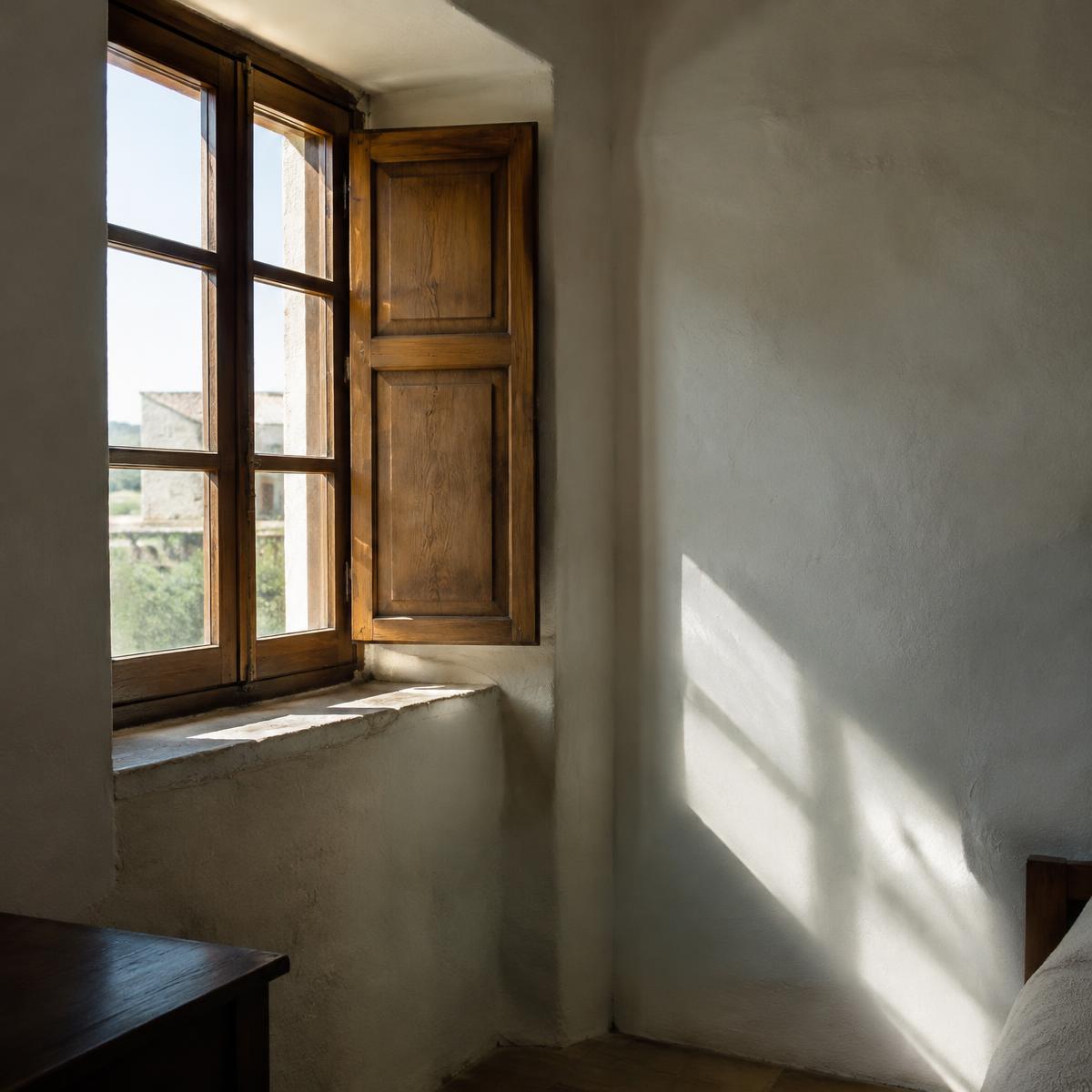 Luz natural entrando por una ventana con contraventana de madera