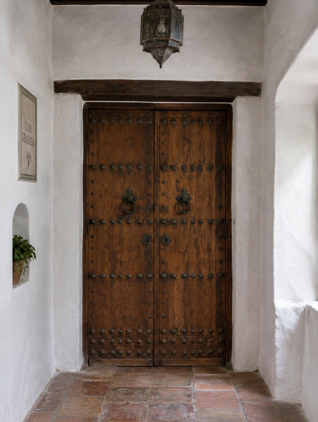 Puerta antigua de madera con clavazón restaurada